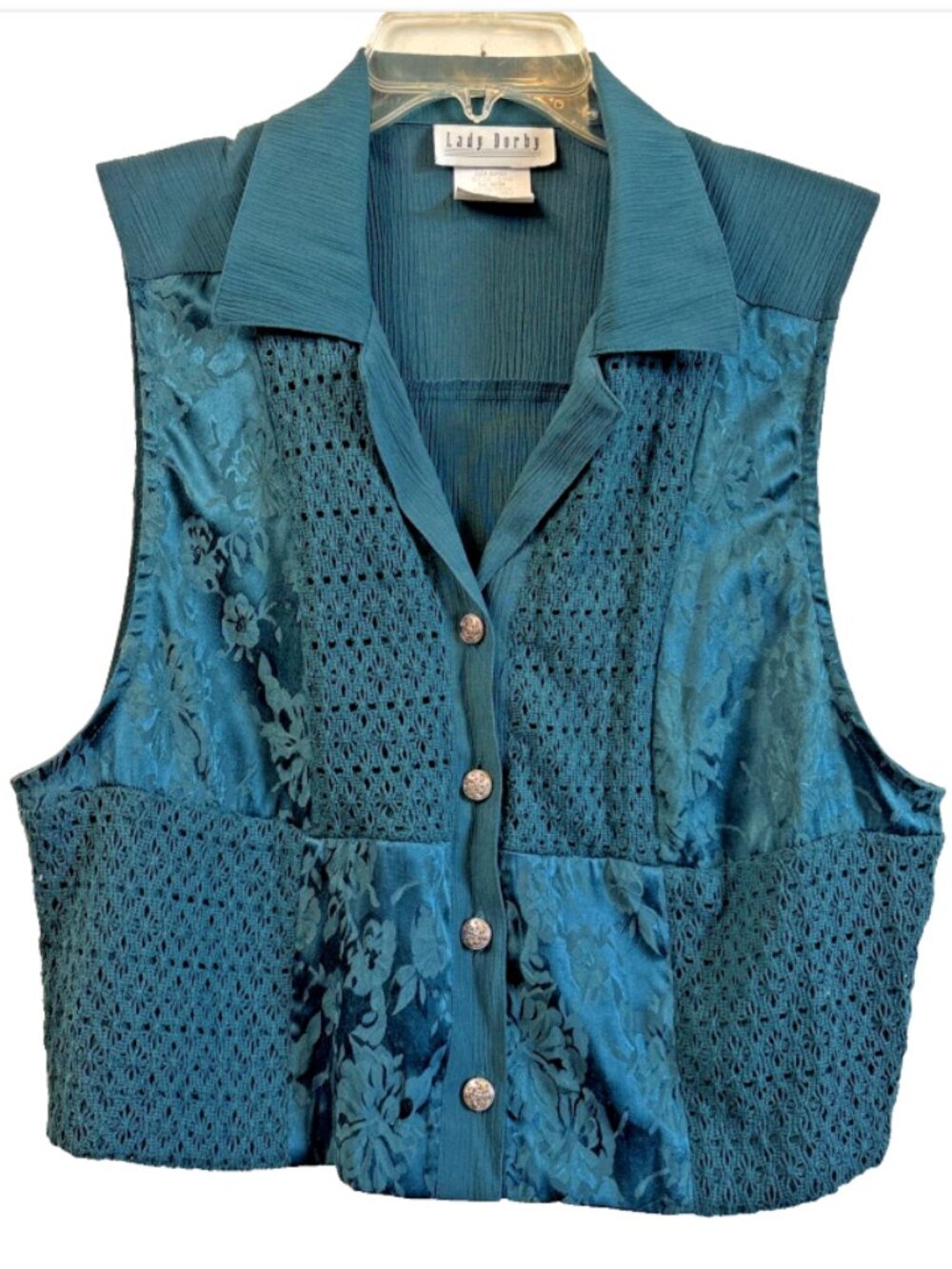 Vintage Lady Dorby Teal Blue Green Patchwork Knit Button Vest Size 14W